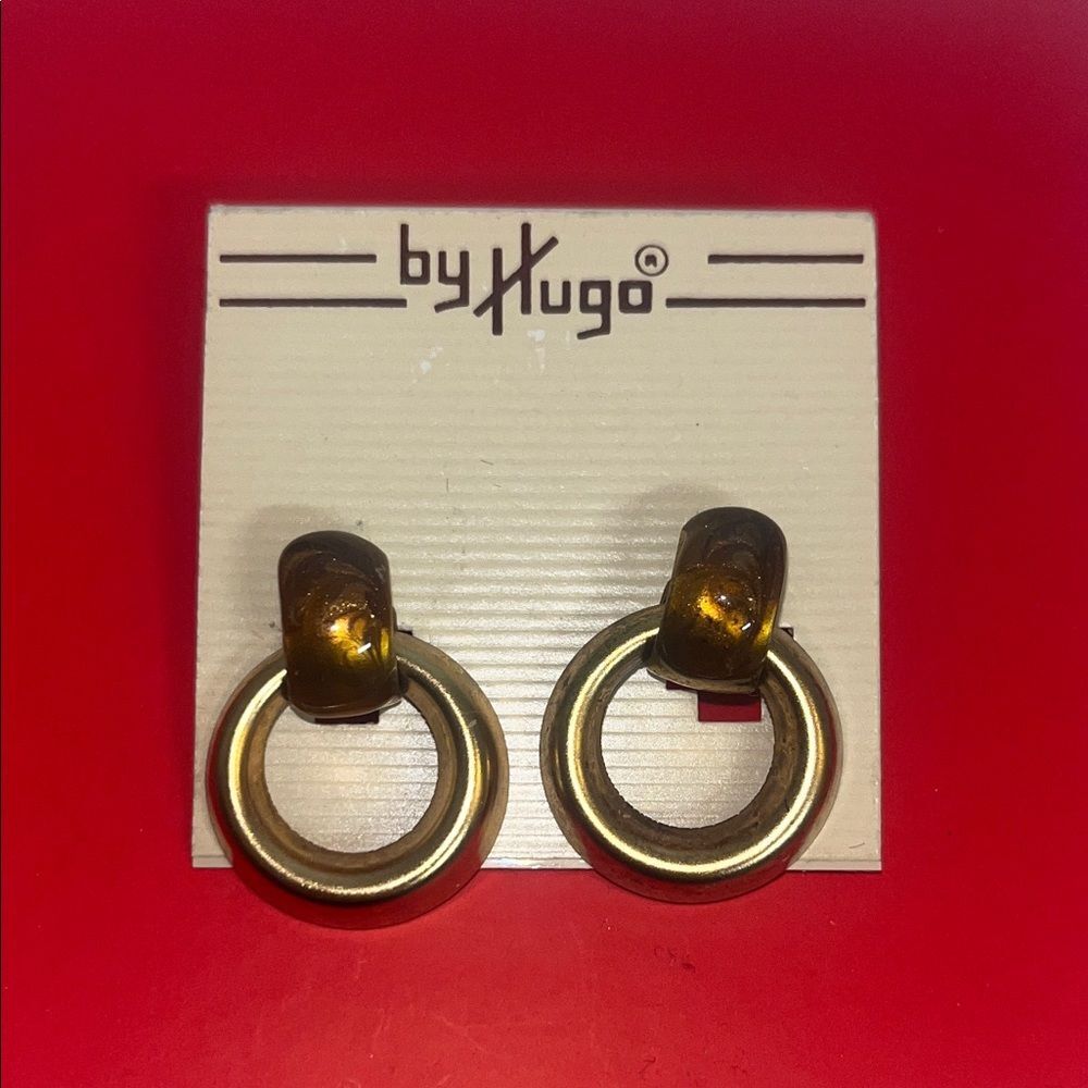 HUGO Vintage Antiqued Gold-tone hoop drop earrings w/ tortoise shell accent #90s - Picture 1 of 6